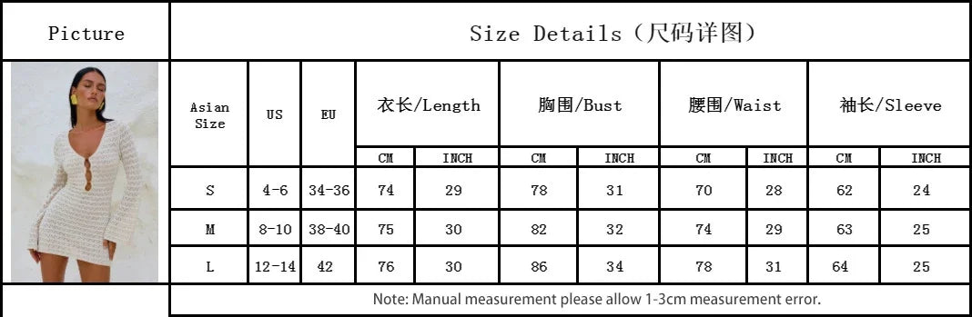 Sexy Boho Striped Chic V-neck Cut Out Bell Sleeve Knit Beach Mini Dress 2025 New Summer Women Seaside Holiday Swimsuit Cover Up