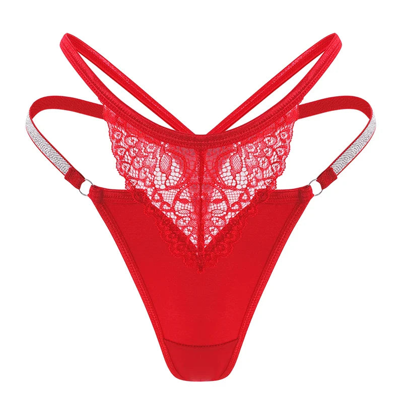 Women Red Lace Thong G-string With Shiny Rhinestone Straps Low Rise Mesh Panties Lingerie For Nightwear Ladies Sexy Underwear