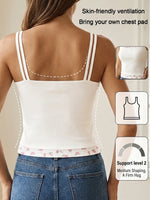 Women's Ribbed Cami Top with Floral Trim Built-in Bra Sleeveless Tank Top Fake Two-piece Slim Fit Casual Ladies Underwear