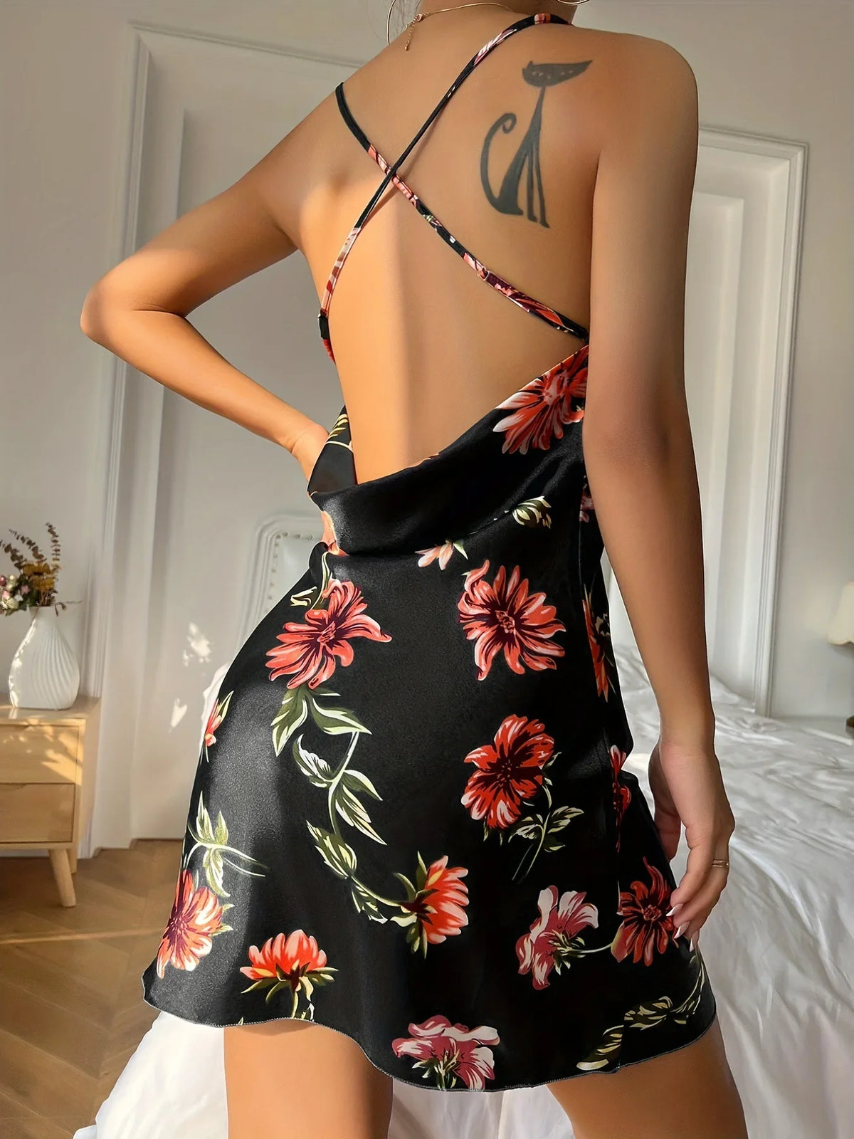 Sexy Short Backless Home Nightgown Solid Color Women's Robes V-neck Cross Suspender Skirt Simulated Silk Thin Dress for Women