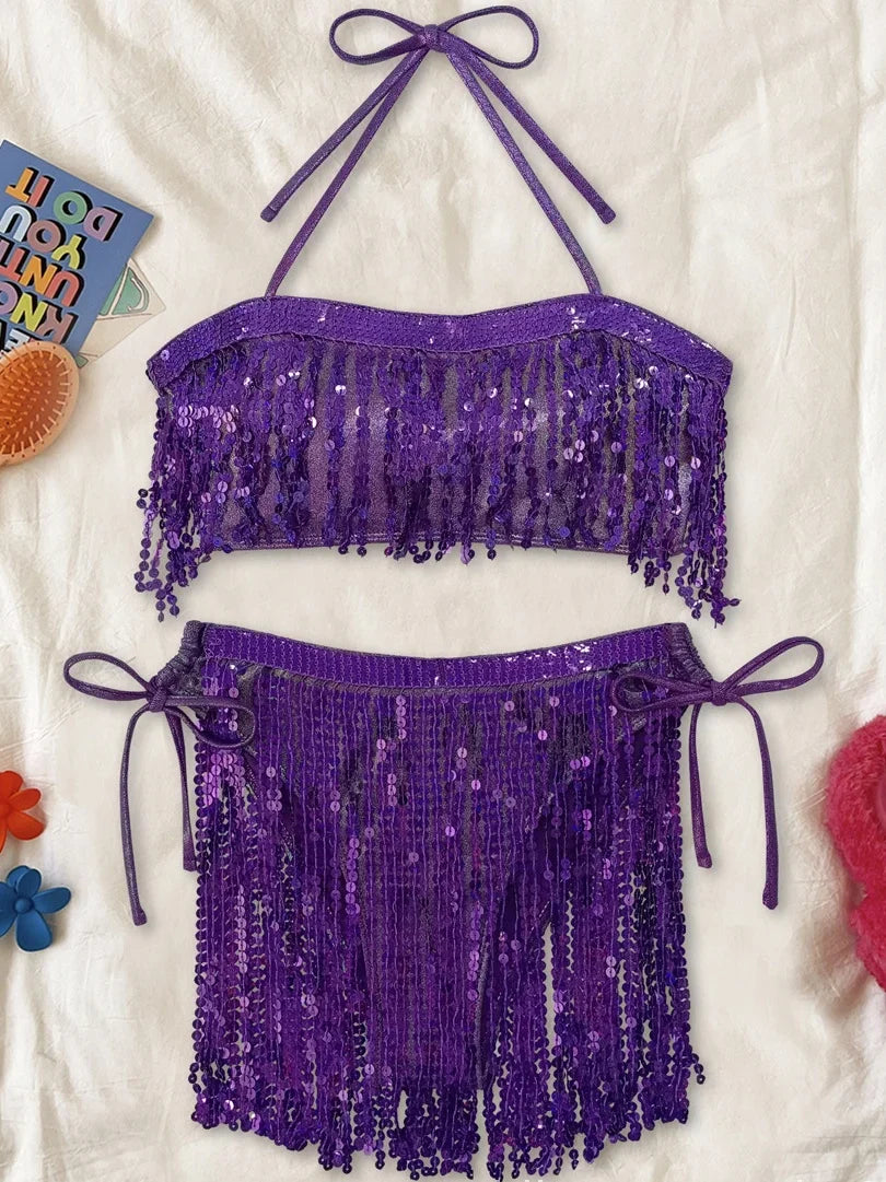 Shiny Glitter Bikini Set 2025 Women Sexy Bandeau Push Up Sequin Tassel Swimsuit Ladies Beach Bathing Suit High Waist Swimwear