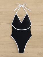Sexy Deep V Neck One Piece Swimsuit 2025 Women Black Contrast Push Up Backless Slim Tummy Control Swimwear Beach Pool Bather