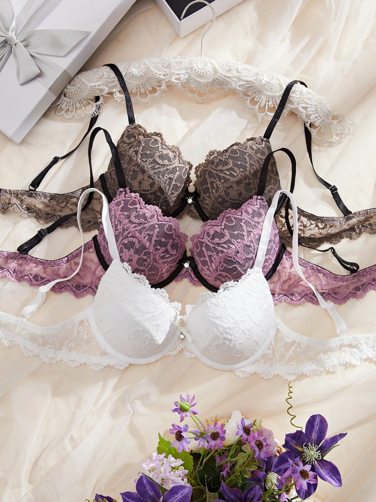 3PCS Daily Lace Trim Women's Underwear Set Rhinestone Push up Bra wite Underwire Soft & Stylish Female Slim Bra