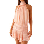 Women Summer Sexy Party Club Mini Halter Neck Dresses Pleated Sleeveless Open Back A-line Layered Ruffle Short Dress
