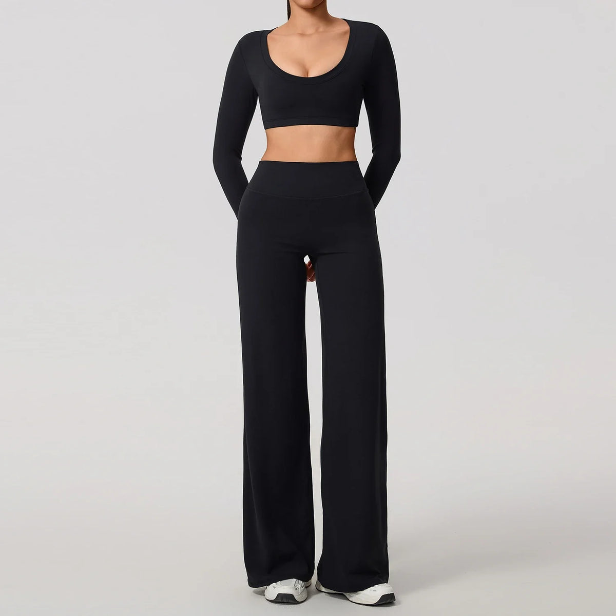 Hearuisavy Sports Set 2Pcs Women'sLong Sleeve Backless Fitted Fitness Top Push Up Pilates Yoga Top Wide Leg Straight Leg Pants