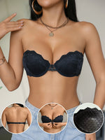Women's Strapless Lace Bra Front Closure Push-Up Bra Non-Slip Underwire Underwear Fashion Sexy Lingerie