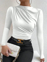 Casual Pleated Mock Neck Long Sleeve T-shirt for Women Autumn Winter Spring Solid Color Ruched Skinny Slim Fit Blouse Top Tshirt