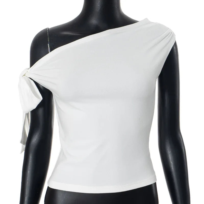 2025 Women'S Summer Ins Style New Shrink Pleated One-Shoulder Crop Top Backless Twist Tie Asymmetric T-Shirt Casual Top