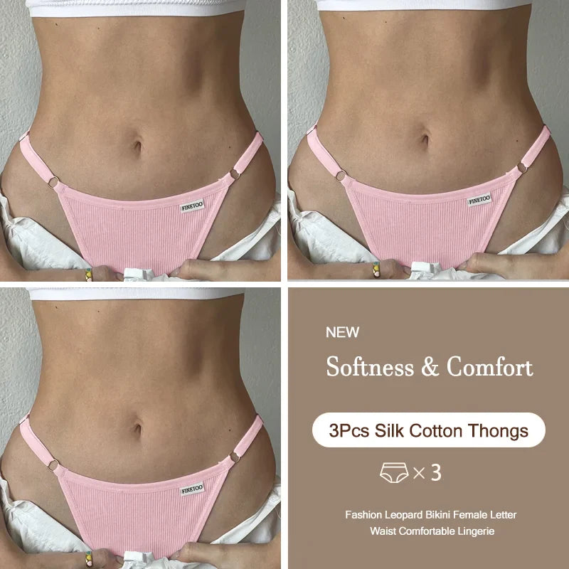 3PCS Women's Panties Cotton Thongs Adjustable Waist Sexy G-String Solid Color Seamless Intimate Female Underpants Lingerie S-XL