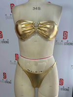 Sexy Bandeau Bikini 2025 Women Gold Black Metal Ring Linked Hollow Out Push Up Micro Swimsuit Shiny Bathing Suit Thong Swimwear
