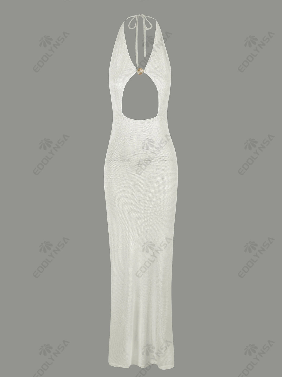 Sexy Knit Halter V Neck Slit Beach Maxi Dress For Women 2026 Chic Button Cut Out Backless Party Dresses Swimwear Cover Up A3151