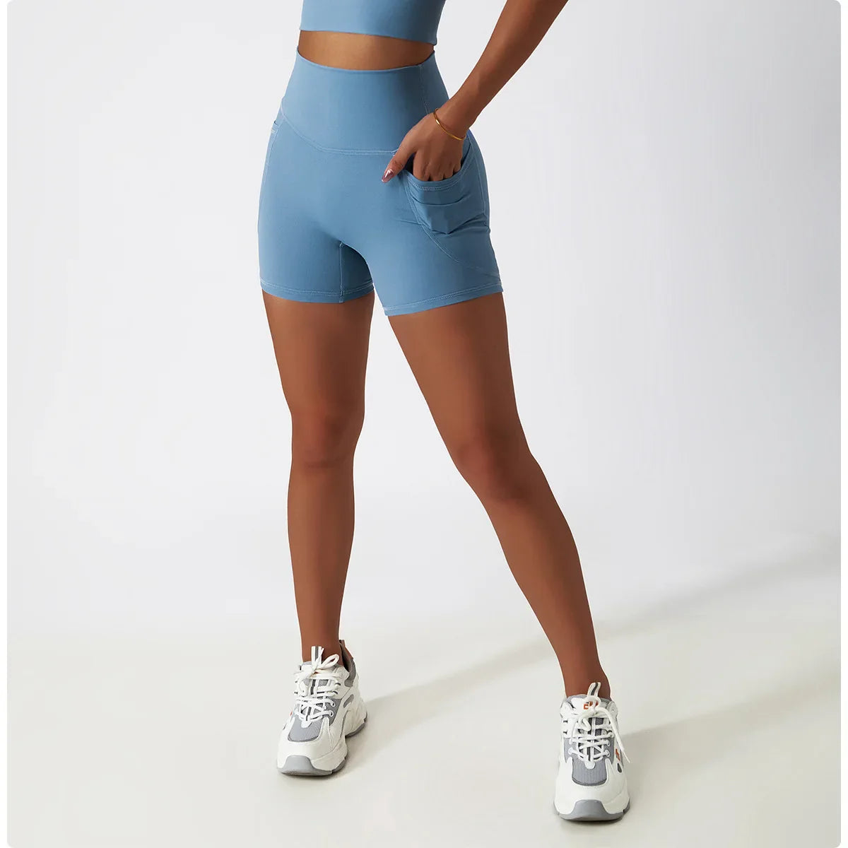 Comfortable Skin Friendly Summer High Waist Yoga Shorts Gym Hip Lift Pants Pocket Breathable Running Cycling Sports Shorts Women