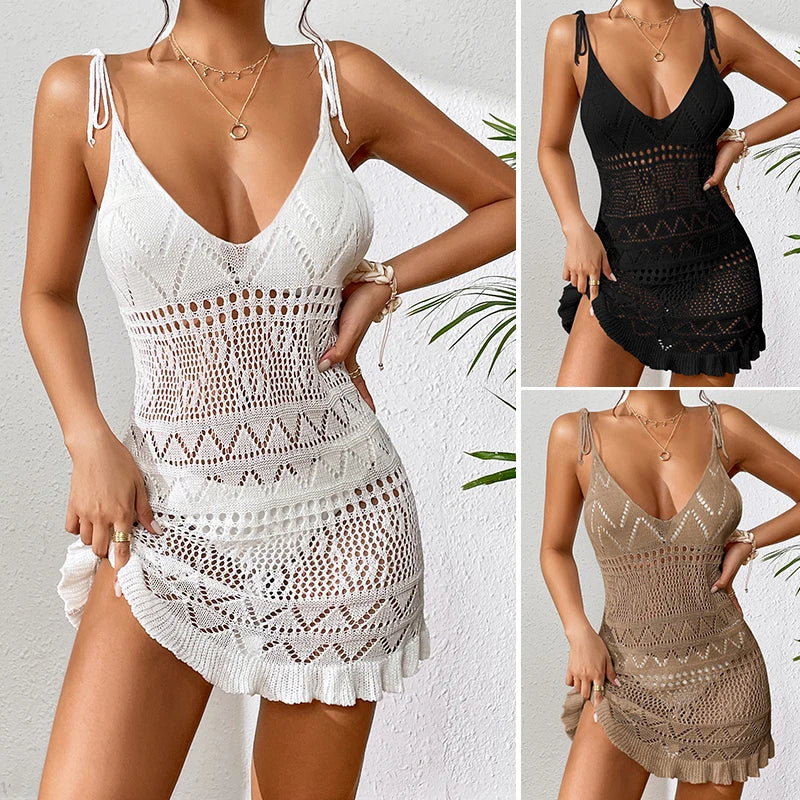 Halter Dress Clothes Women Summer Solid Color Sleeveless Knitted Cover Up BacklessStylish Beach Dresses
