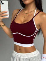 Women's Contrast Trim Halter Crop Cami Top - Sleeveless Ribbed Fitted Yoga Sports Bra Tank Top for Workout Gym Casual