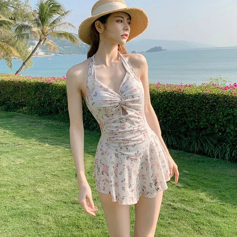 Women Hanging Neck Sweet Cute Swimwear Sexy One-piec Beach Wear Swim Suit Beach Dress Swimsuit High Waist Bikinis Set for Girls