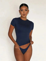 Solid Color Basic Cropped Tshirts for Women Casual Round Neck Short Sleeve Crop Top Summer Slim Fit Tee Shirt Streetwear