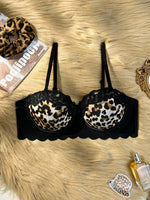 Sexy hot Lace trim spliced with leopard print bra Underwire Support & Wavy Scalloped Edge Push up bra Women's bra
