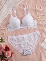 Women's Sexy Lingerie Set Lace Patchwork Solid Color Bowknot Rhinestone Embellished Push-Up Double Shoulder Strap Unlined Comfortable Underwear, Lace Semi-Transparent Breathable Panties