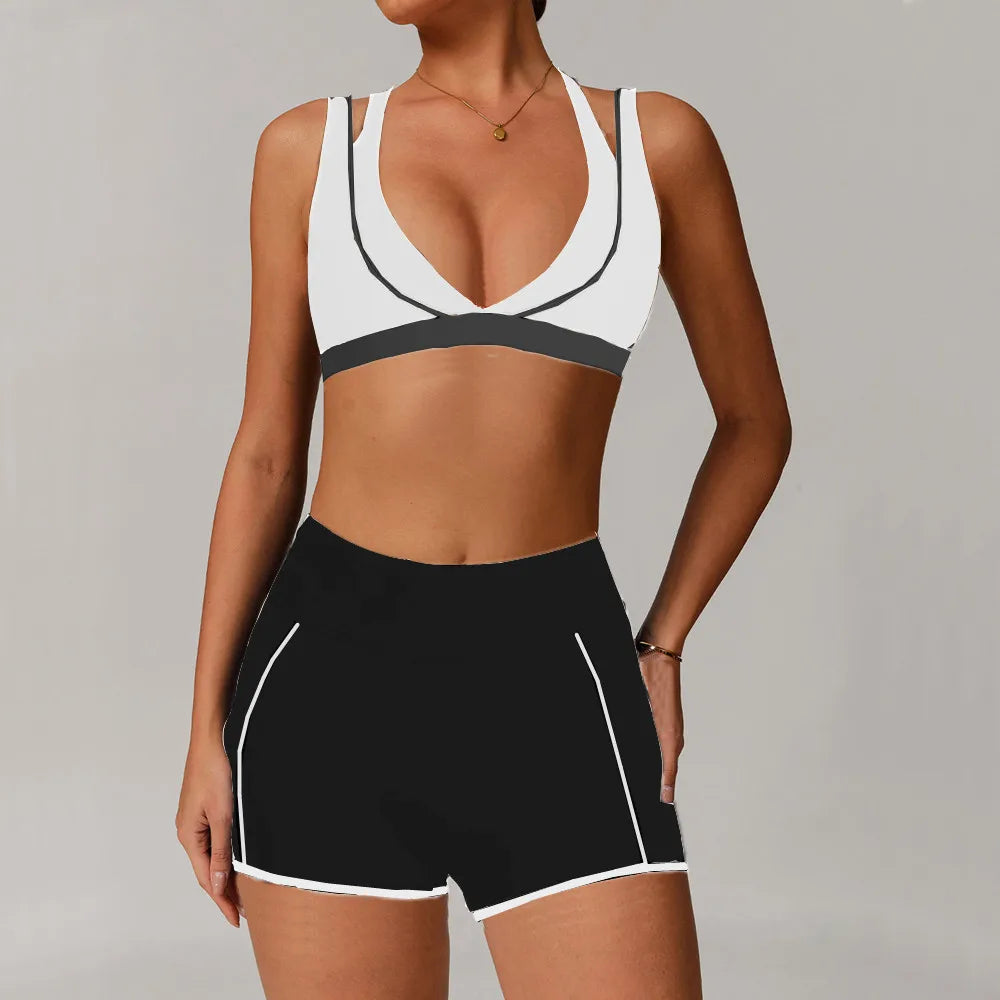 Pad 2PCS Yoga Set Sports Bras V-Neck Halter Pocket Fitness Workout Running Leggings Gym Woman Active Wear Clothing XP26