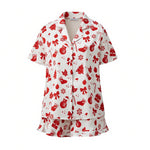Women 2 Pieces Christmas Pajamas Sets V Neck Short Sleeve Christmas Themed Print Tops and Drawstring Waist Shorts Satin Suits