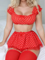 Women's EroticShort Skirt with Garter Straps Sexy Lingerie Women Sexy Polka Dot Off Shoulder Puffy Skirt PolkaExotic Set