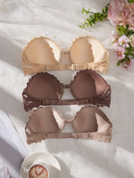 3Pcs Thin Cup Strapless Women's Sexy Bras Lace Trim Patchwork Pattern Front Clasp Push up Bra Comfortable Half-Cup Women's Bra