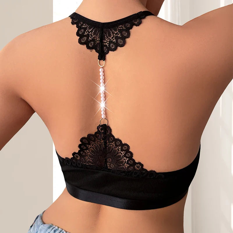 1pcs New Style Ribbed Women Camisole String Pearls Decor Backless Underwear Sexy Lingerie Comfortable Wire-Free No Pad Lady Bras