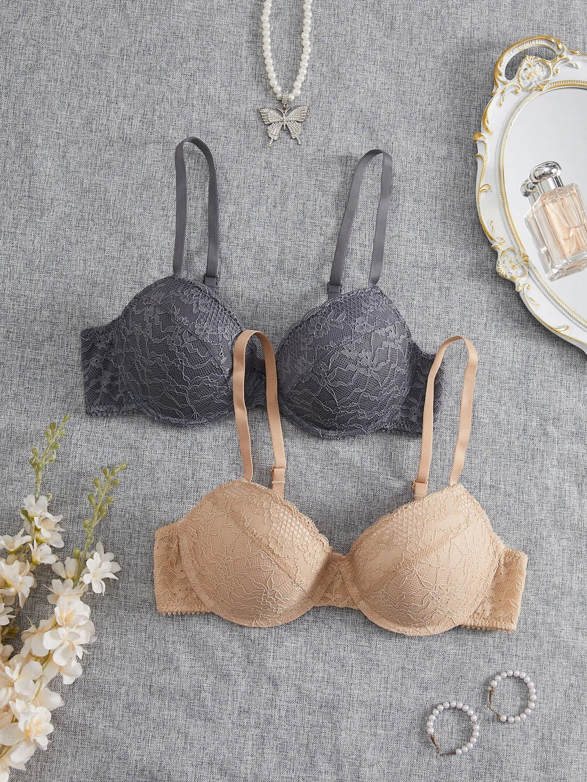 2PCS Floral Lace Push Up Bras for Women Underwire Support Lingerie Underwear Comfort Thin Adjustable Strap Daily Lace Bra Set