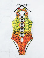 Sexy Hollow Out One Piece Swimsuit 2025 Women Blue Leopard Print Gradient Bandage Backless Bikini Bathing Suit Thong Swimwear