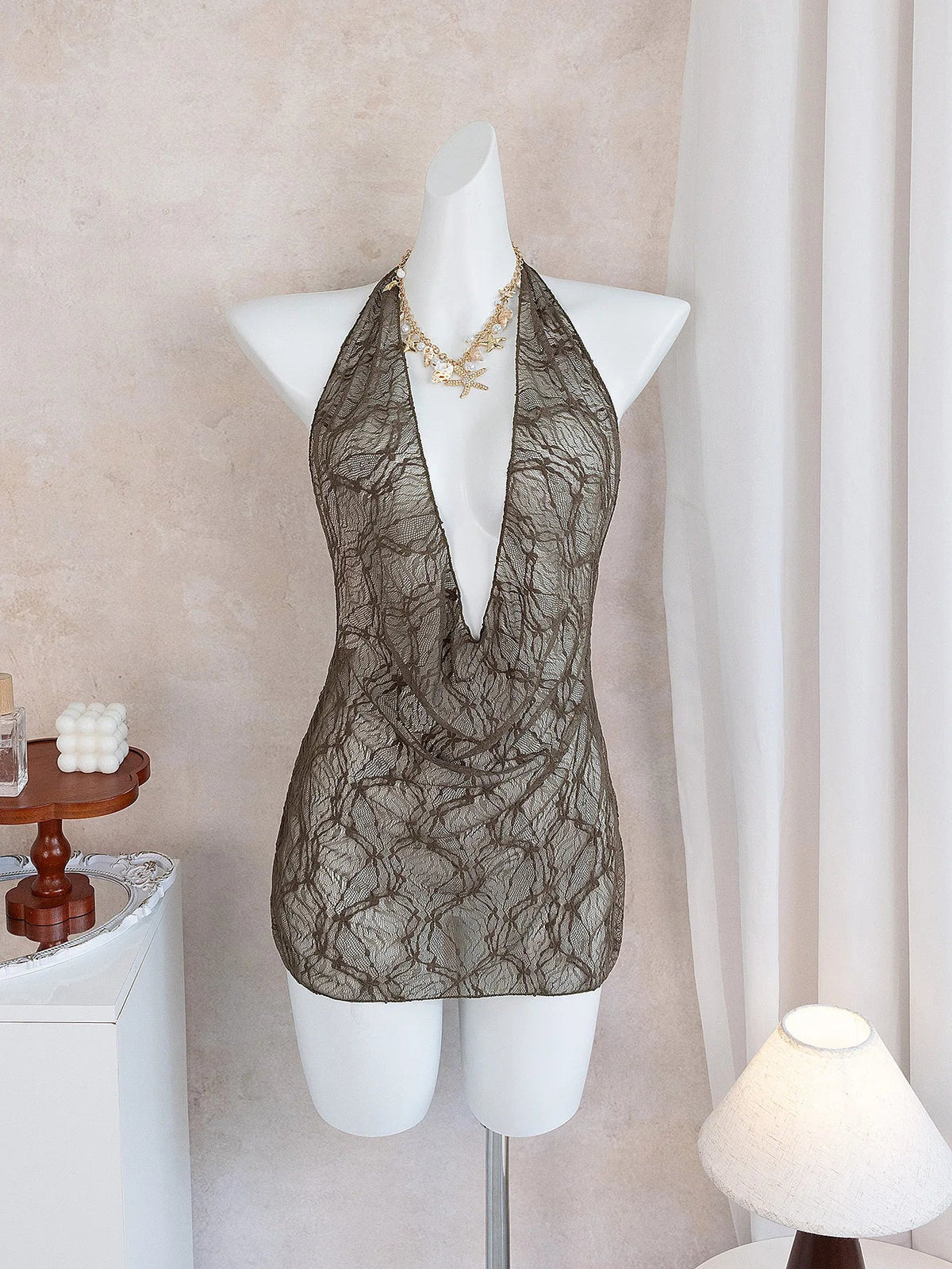 Women's CasualBeach Cover Ups Brown Deep V Neck Pleate Lace Short Dress Spring & Fall Vacation Sun Protection Smock