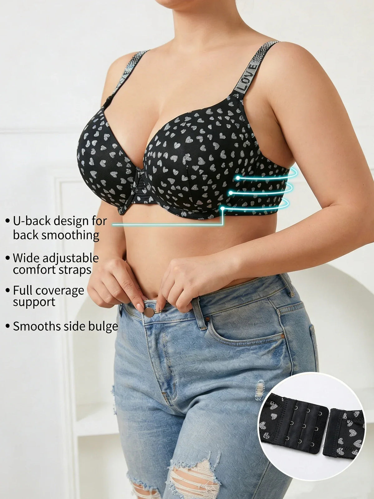 Plus Size Heart Pattern Women's Bra Stylish Push up Bra Rhinestones Adjustable Wide Straps Underwire Thin Cup Comfy Lingerie