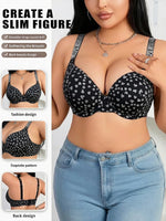 Plus Size B C D Thin Cup Women's Bra Wide Straps Push up Bra Stylish Heart & Rhinestone Comfy Side Bulge Control Underwire Bra