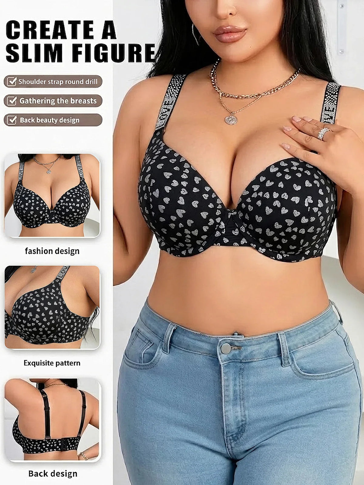 Plus Size Heart Pattern Women's Bra Stylish Push up Bra Rhinestones Adjustable Wide Straps Underwire Thin Cup Comfy Lingerie