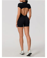 Hearuisavy Summer Women's Short Sleeved Sports Overalls Running Yoga Jumpsuit High Stretch Push Up Fitness Bodysuit With Zipper