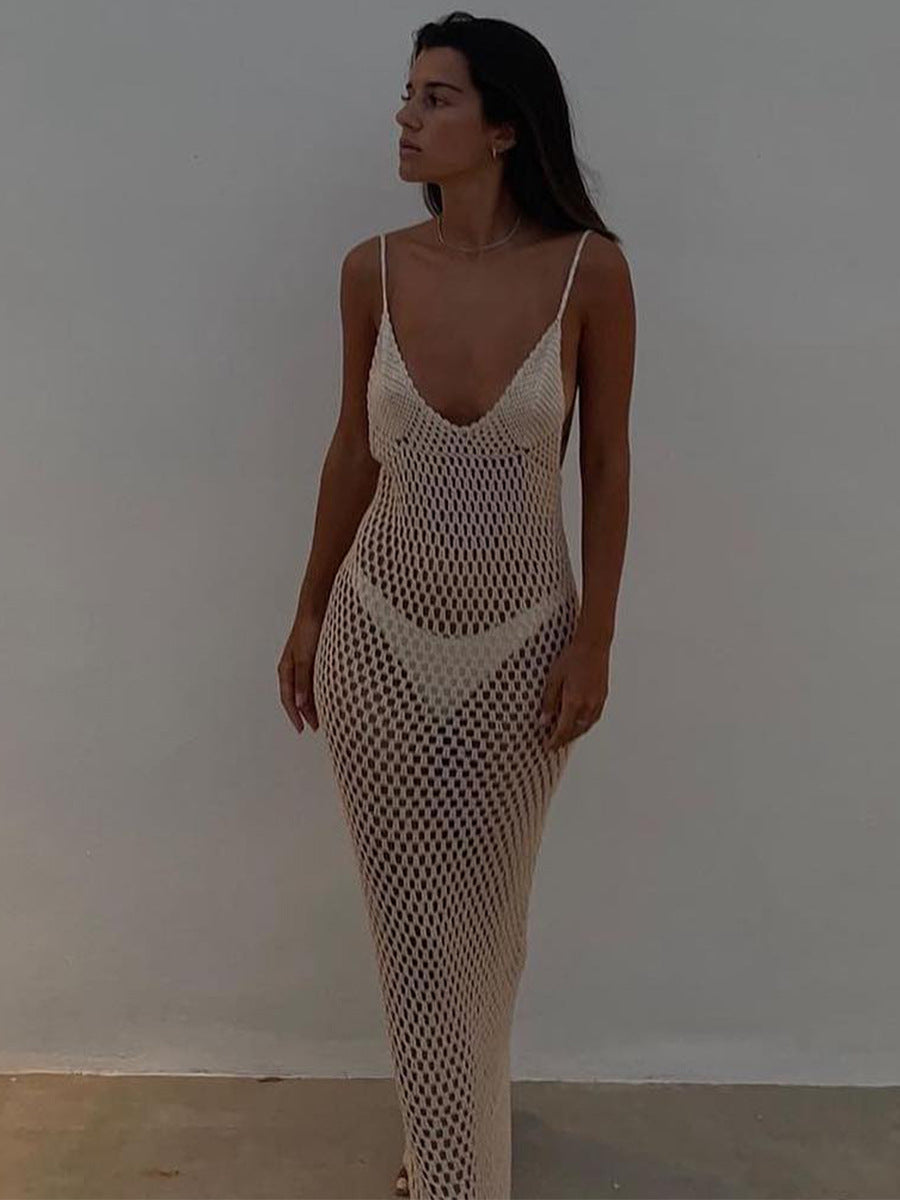 Women Crochet Beach Cover Ups Summer Cutout Backless Dress Swimsuit Cover-ups Bikini Swimsuit Knitted Bathing Suit Clothes