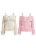 Women Long Sleeve Contrast Lace Knit Pullovers Autumn Winter Cold Shoulder Sweaters Bow Front Jumper Tops Beige/Pink
