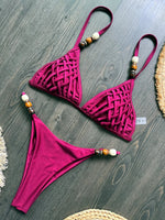 Sexy Brown Bikini Set 2026 Women Pearls Strap Hole Out Push Up Bra Thong Swimsuit Brazilian Beach Bathing Suit Micro Swimwear
