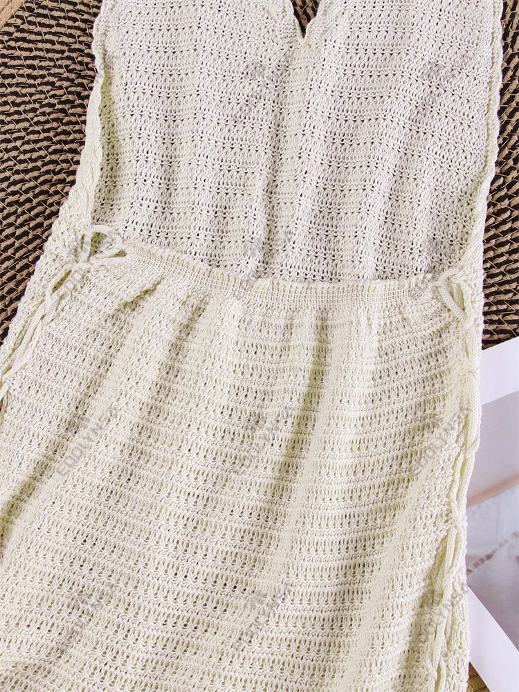 Solid Knit Halter V-neck Side Cross Straps Slim Beach Mini Dress 2026 Women Crochet Beach Swimsuit Cover Up Vacation Outfit K104
