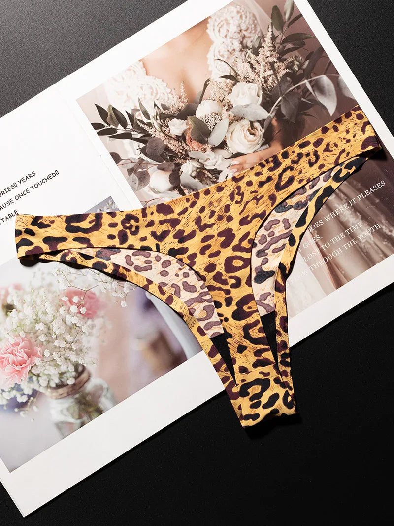 Ice Silk Leopard Women Panties Sexy G String Thong Seamless Underwear T Back Candy Color Girls Briefs Underpants Plus Size M-XXL