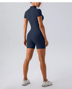 Yoga Jumpsuit Fashion Zipper Dance Short Playsuit Women Romper Short Sleeve Gym Fitness Overalls One Piece Sports Suit Unitard