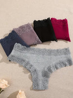 5Pcs Women Cotton Brazilian Pants Sexy Lace Brazilian Briefs Low Waist Floral Solid Color G-string Breathable Soft Lingerie