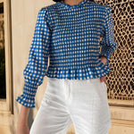 Women Fashionable Casual Round Neck Smocked Bubble 3/4 Sleeve Tops Summer Fall Plaid Print Ruffled T-shirts