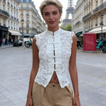 Y2K Aesthetic Solid Color Lace Crop Top Sleeveless Chinese Frog Button Vest Women's Summer Party Streetwear