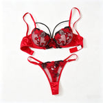 Two-piece embroidered bra set - Women's floral embroidered lingerie set - Black and red underwear set ZA825127