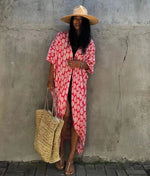 2024 New Summer Sexy Beach Kimono Swimwear Cotton Cover Up Swimsuit Women Print Bikini Cover Up Beachwear Dress Robe