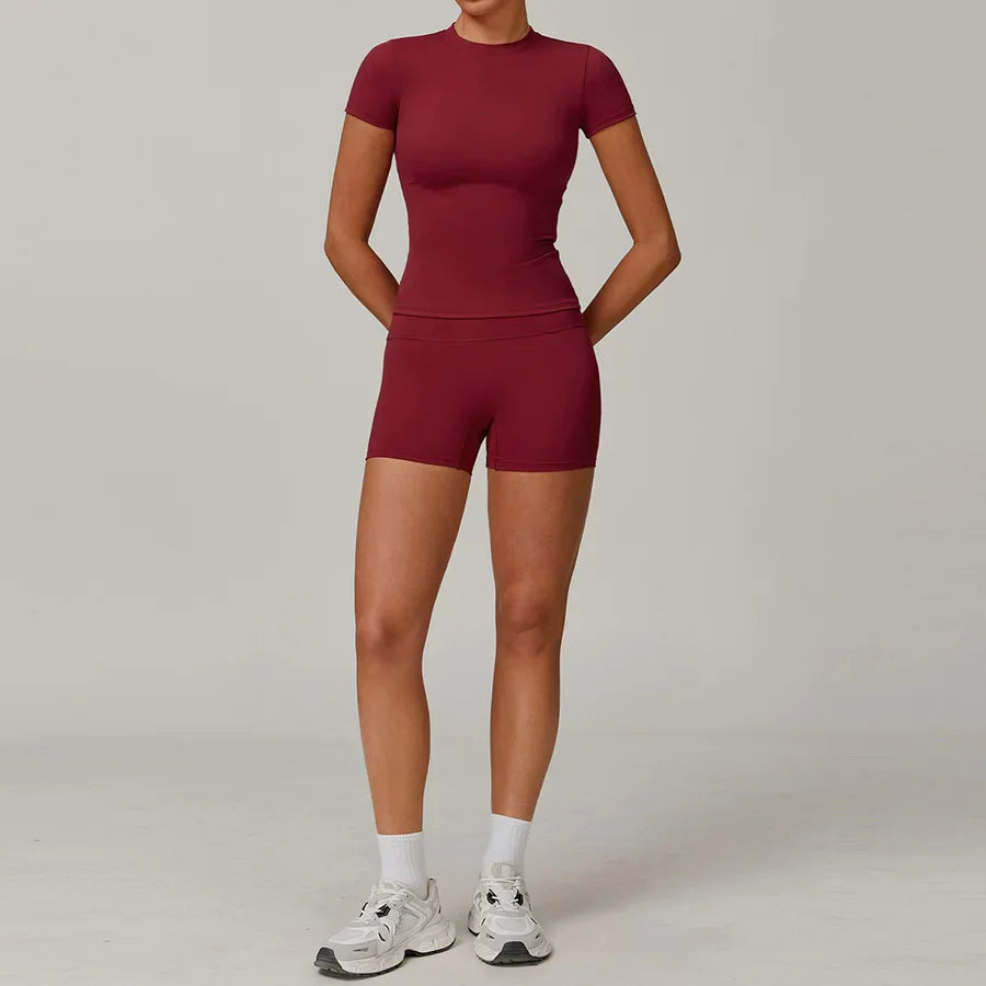 New Yoga Set Two Piece Women Short Sleeve Top with High Waist Leggings Seamless Workout Clothes Patchwork Sport Fitness Gym Sets
