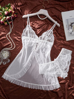 Sexy Contrast Lace and Mesh Ruffle Babydoll Dress Woman Sexy Nightgown V-neck Open Bra Sleep Skirt Nighties