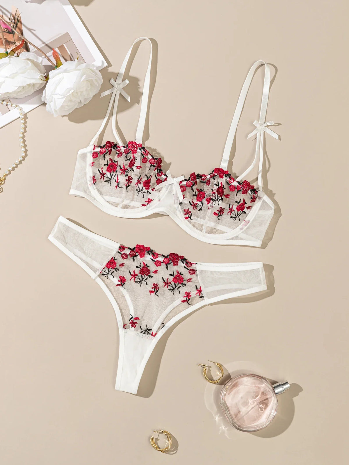 Night Beautiful Sexy Women 2 Piece floral Embroidery Underwear Sexy Erotic lingerie underwear Set