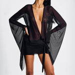 Yiiciovy Women Mesh Sheer Mini Dress Beach Cover Ups Long Sleeve V Neck Backless Solid Color See Through Cocktail Dress