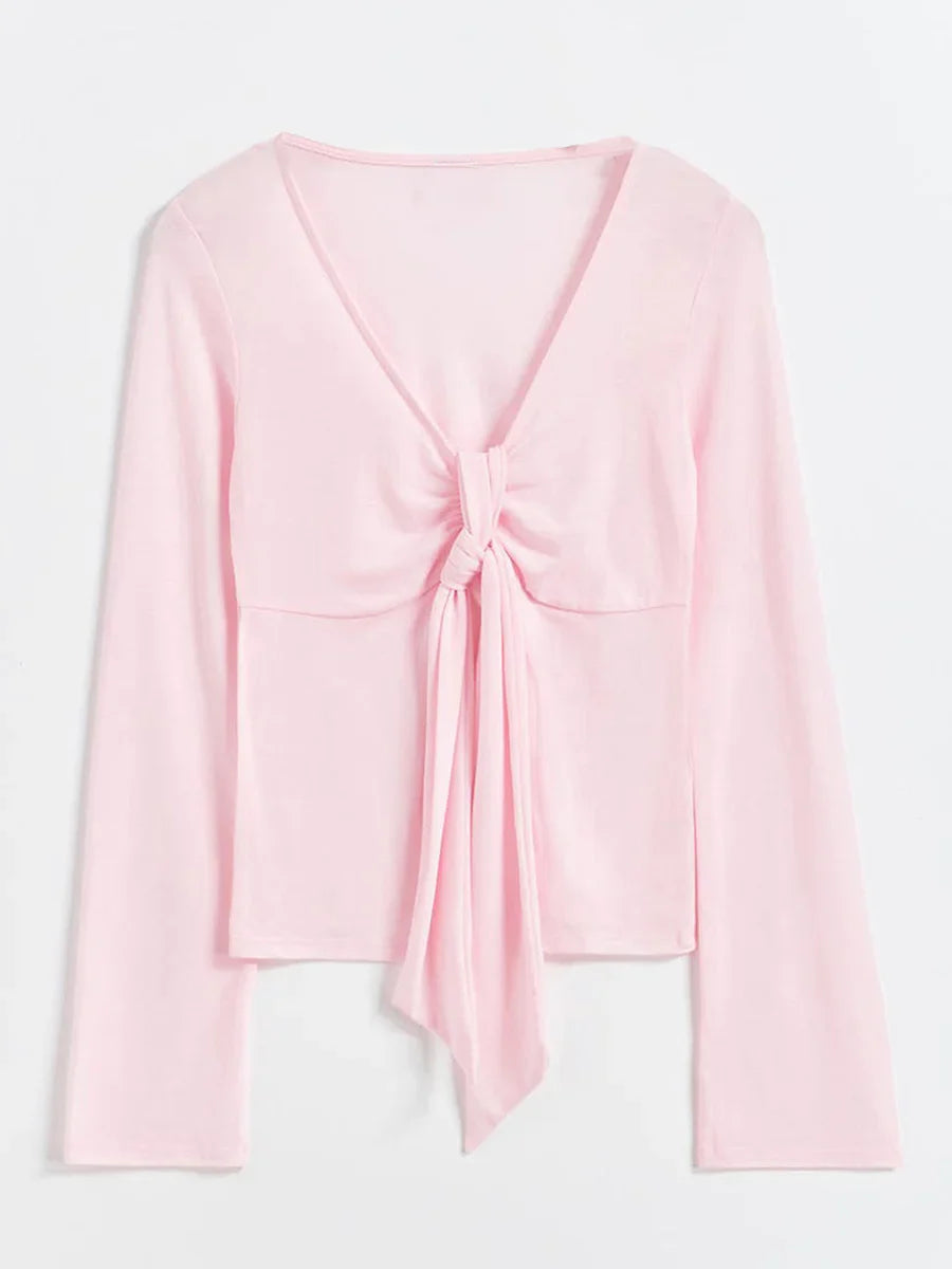 Women's Spring Summer Slimming Crop Tops Long Sleeve V Neck Tie Up Solid Color Trendy T-shirt